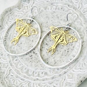 Luna Moth Silver Hoop Earrings, Handmade by Wandering Bunny LLC
